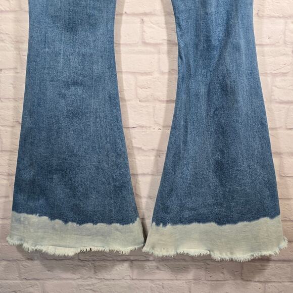 E Rock & Roll Denim Bargain Button Bell Flared Blue Jeans Dyed Frayed Hem Sz 30 - Picture 7 of 10